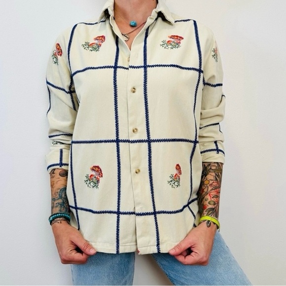 Urban Outfitters Tops - Urban Outfitters Flannel Cream Checkered Shirt with Embroidered Mushrooms